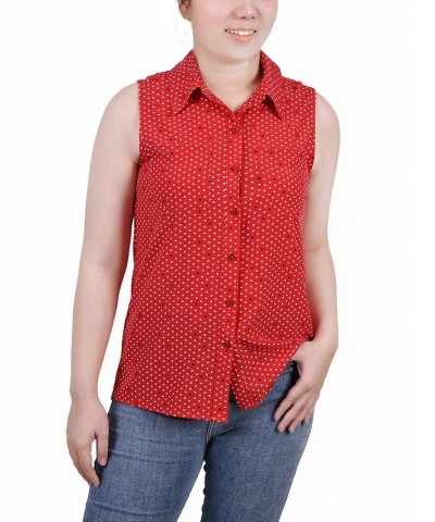 Petite Sleeveless Notch Collar Button Front Blouse Chinese Red Velerdot $15.50 Tops