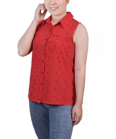 Petite Sleeveless Notch Collar Button Front Blouse Chinese Red Velerdot $15.50 Tops