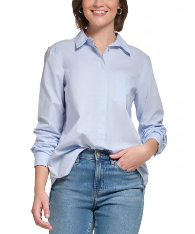 Women's Embroidered-Logo Button-Up Shirt Blue $21.89 Tops