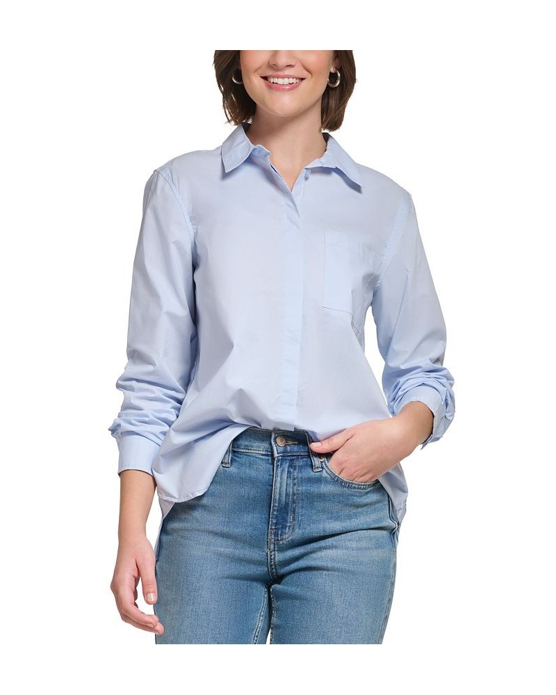 Women's Embroidered-Logo Button-Up Shirt Blue $21.89 Tops