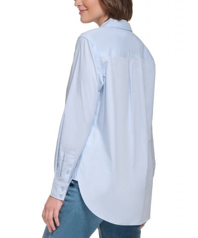 Women's Embroidered-Logo Button-Up Shirt Blue $21.89 Tops