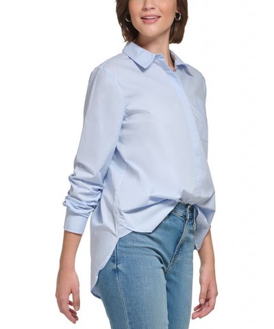 Women's Embroidered-Logo Button-Up Shirt Blue $21.89 Tops