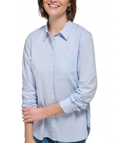 Women's Embroidered-Logo Button-Up Shirt Blue $21.89 Tops