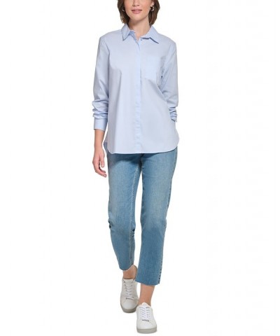 Women's Embroidered-Logo Button-Up Shirt Blue $21.89 Tops