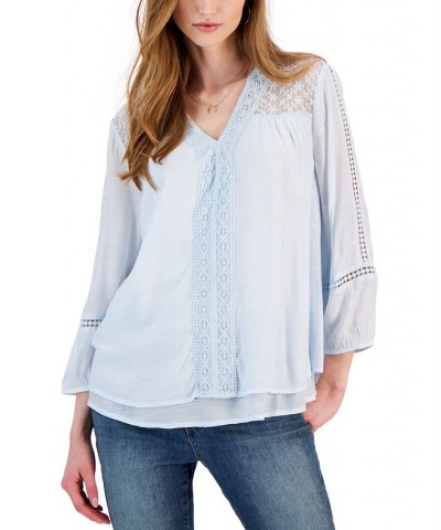 Women's 3/4-Sleeve Embroidered Lace Top Light Blue $13.90 Tops