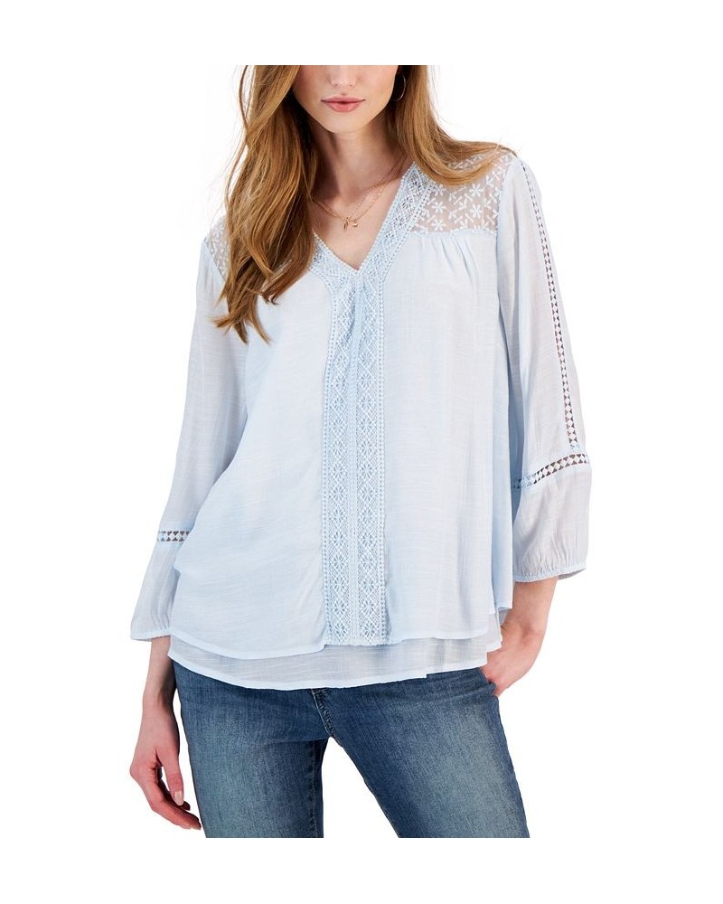 Women's 3/4-Sleeve Embroidered Lace Top Light Blue $13.90 Tops