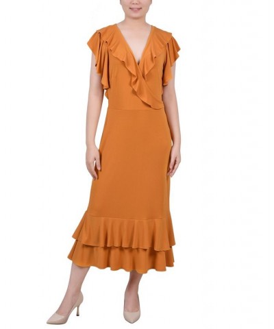 Women's Short Flutter Sleeve Ruffle Neck Dress Inca Gold-Tone $19.24 Dresses