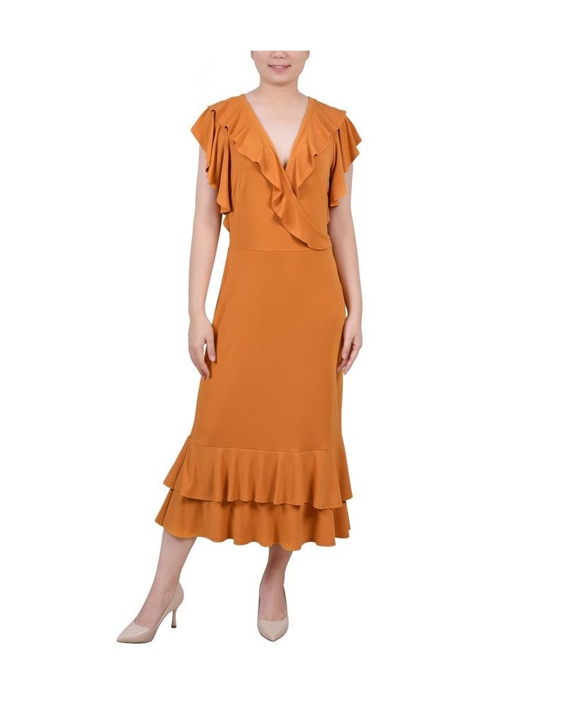 Women's Short Flutter Sleeve Ruffle Neck Dress Inca Gold-Tone $19.24 Dresses