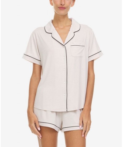 Women's Annie Button Down Shorty Notch Pajama Set 2 Piece Beige $22.10 Sleepwear