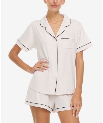 Women's Annie Button Down Shorty Notch Pajama Set 2 Piece Beige $22.10 Sleepwear