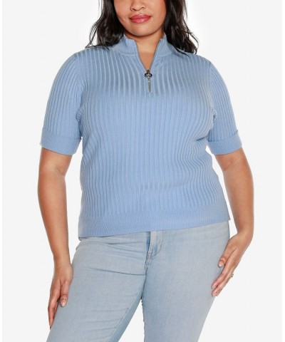 Black Label Plus Size Mock Neck Zip Front Ribbed Short Sleeve Sweater Blue $26.25 Sweaters