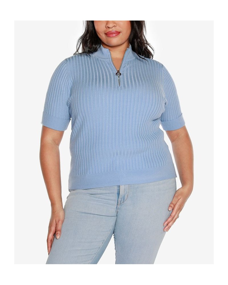 Black Label Plus Size Mock Neck Zip Front Ribbed Short Sleeve Sweater Blue $26.25 Sweaters