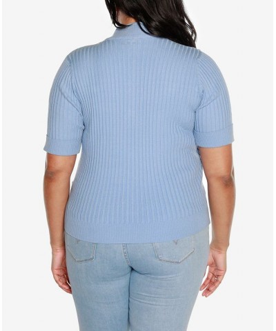 Black Label Plus Size Mock Neck Zip Front Ribbed Short Sleeve Sweater Blue $26.25 Sweaters