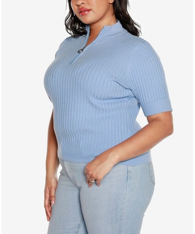 Black Label Plus Size Mock Neck Zip Front Ribbed Short Sleeve Sweater Blue $26.25 Sweaters