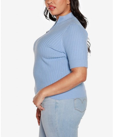 Black Label Plus Size Mock Neck Zip Front Ribbed Short Sleeve Sweater Blue $26.25 Sweaters