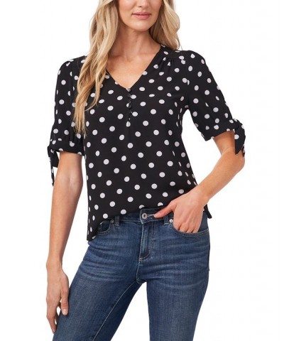 Women's Disco Dot Tie-Sleeve Short Sleeve Blouse Black $19.66 Tops