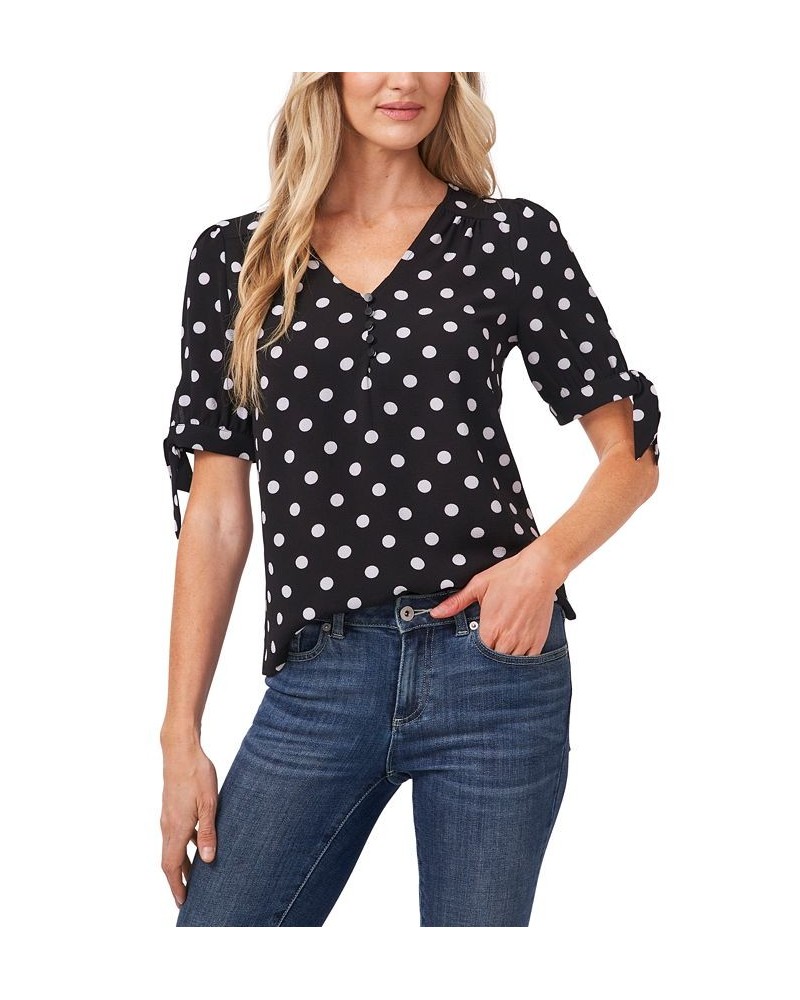 Women's Disco Dot Tie-Sleeve Short Sleeve Blouse Black $19.66 Tops