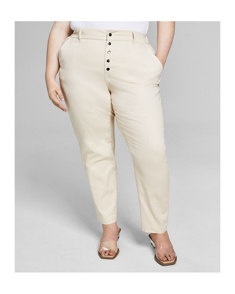 Plus Size Snap Closure High-Rise Tapered Pants Ivory/Cream $17.89 Pants