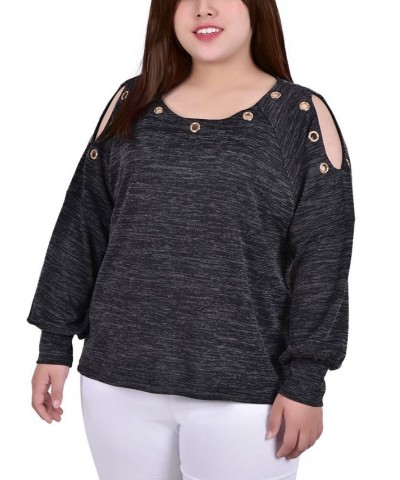 Plus Size Long Sleeve Shoulder Cutout Tunic with Grommets Black $14.31 Tops