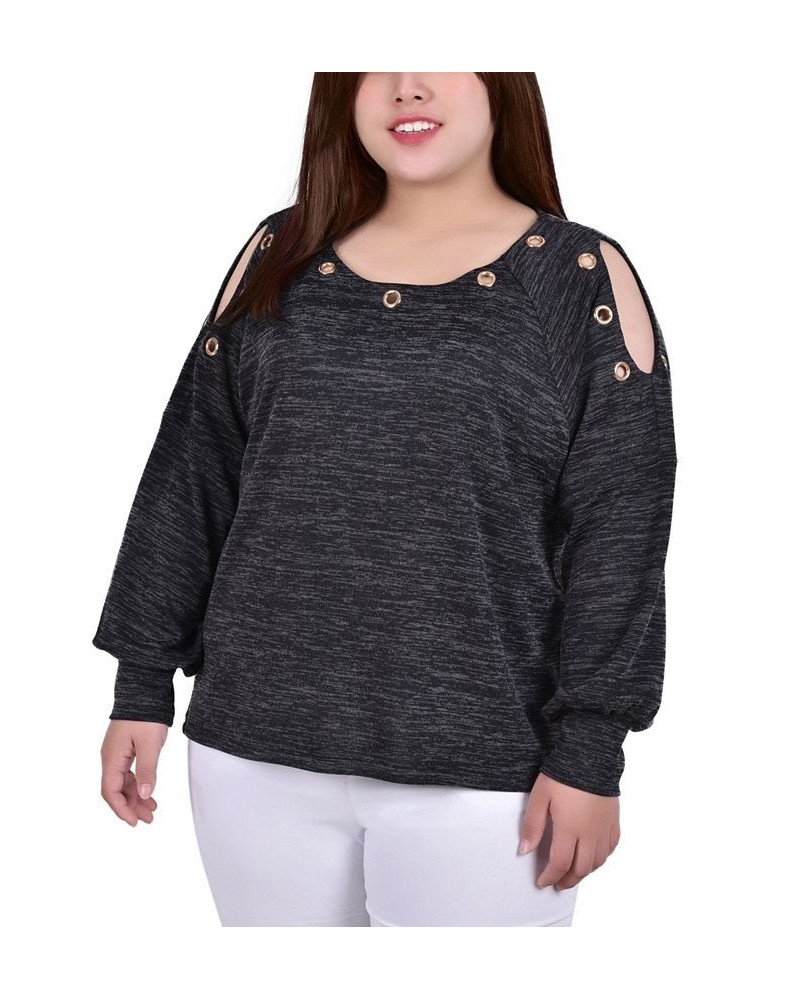 Plus Size Long Sleeve Shoulder Cutout Tunic with Grommets Black $14.31 Tops