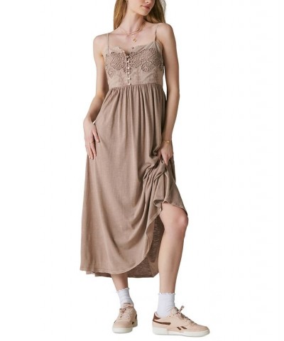 Women's Lace Button-Front Midi Dress Tan/Beige $54.21 Dresses