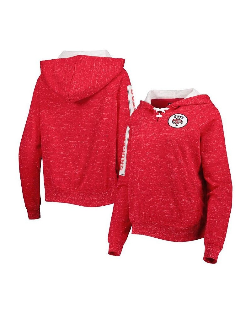 Women's Red Wisconsin Badgers The Devil Speckle Lace-Placket Raglan Pullover Hoodie Red $27.30 Sweatshirts