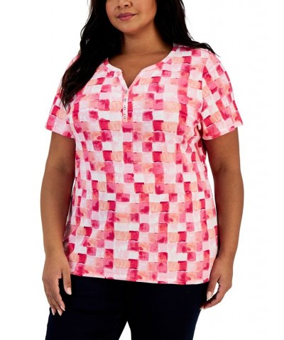 Plus Size Brushy Tile Printed Henley Top Steel Rose $8.79 Tops