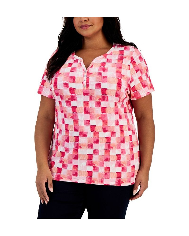 Plus Size Brushy Tile Printed Henley Top Steel Rose $8.79 Tops