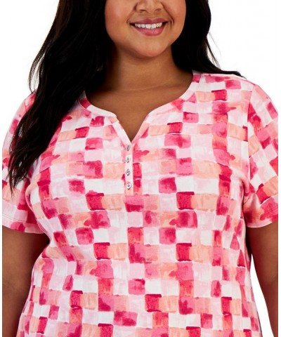 Plus Size Brushy Tile Printed Henley Top Steel Rose $8.79 Tops