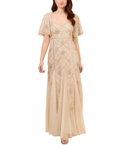 Women's Beaded Flutter-Sleeve Godet Gown Cashmere $132.26 Dresses