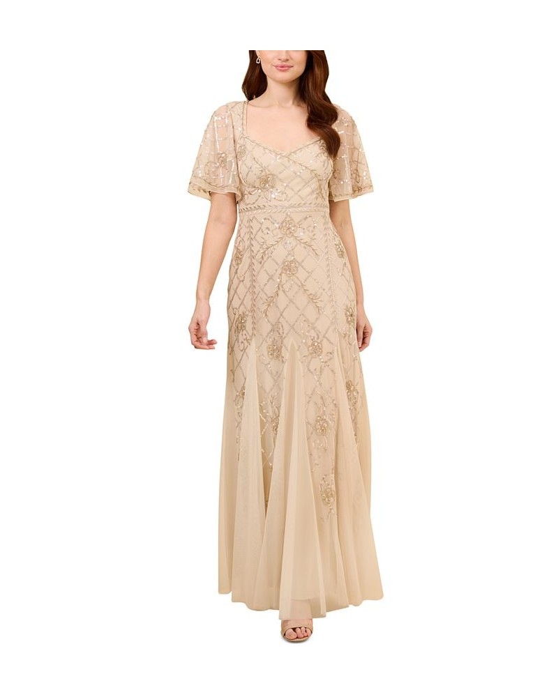 Women's Beaded Flutter-Sleeve Godet Gown Cashmere $132.26 Dresses