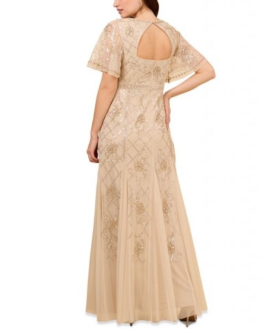 Women's Beaded Flutter-Sleeve Godet Gown Cashmere $132.26 Dresses