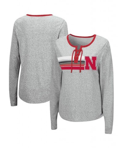 Women's Heathered Gray Nebraska Huskers Sundial Tri-Blend Long Sleeve Lace-Up T-shirt Heathered Gray $26.99 Tops