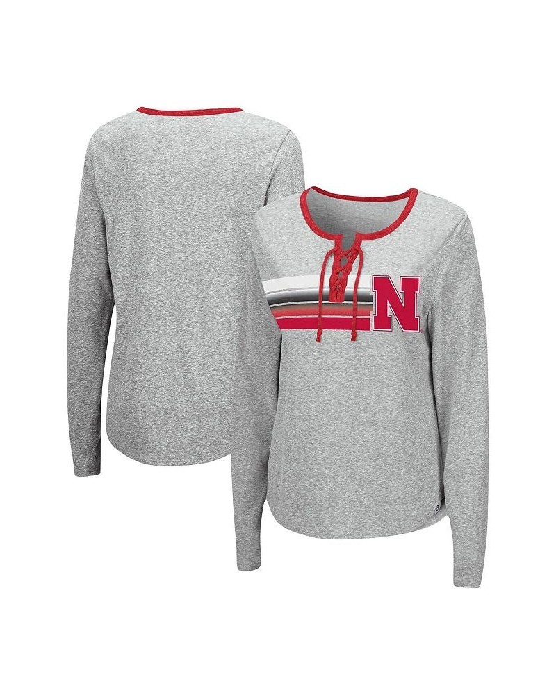 Women's Heathered Gray Nebraska Huskers Sundial Tri-Blend Long Sleeve Lace-Up T-shirt Heathered Gray $26.99 Tops