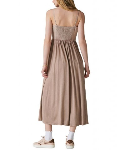 Women's Lace Button-Front Midi Dress Tan/Beige $54.21 Dresses