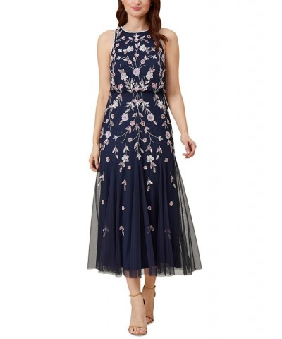 Women's Beaded Sleeveless Midi Dress Navy Blush $135.96 Dresses