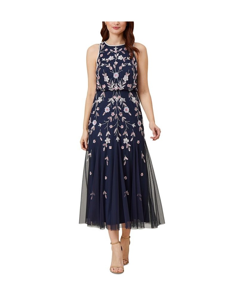 Women's Beaded Sleeveless Midi Dress Navy Blush $135.96 Dresses