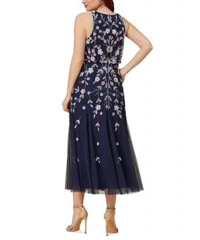 Women's Beaded Sleeveless Midi Dress Navy Blush $135.96 Dresses