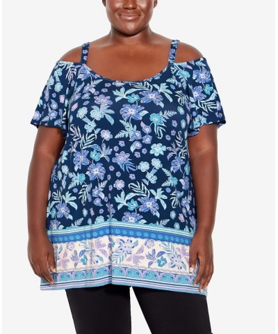 Plus Size Carrie Cold Shoulder Top Navy Border $32.43 Tops