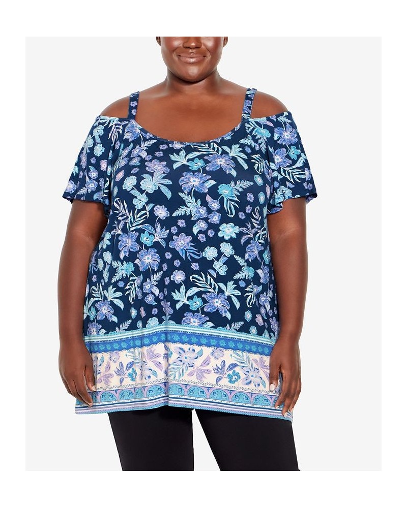 Plus Size Carrie Cold Shoulder Top Navy Border $32.43 Tops