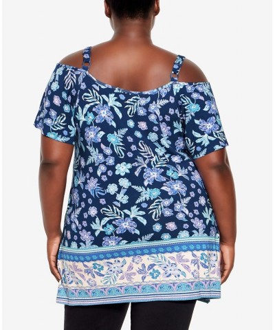 Plus Size Carrie Cold Shoulder Top Navy Border $32.43 Tops