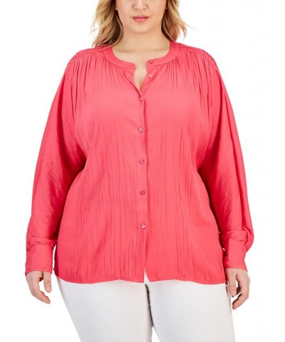 Plus Size Shirred Round-Neck Button-Front Top Pink $40.52 Tops