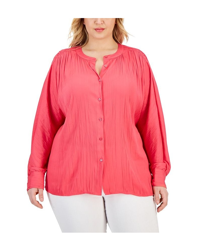 Plus Size Shirred Round-Neck Button-Front Top Pink $40.52 Tops