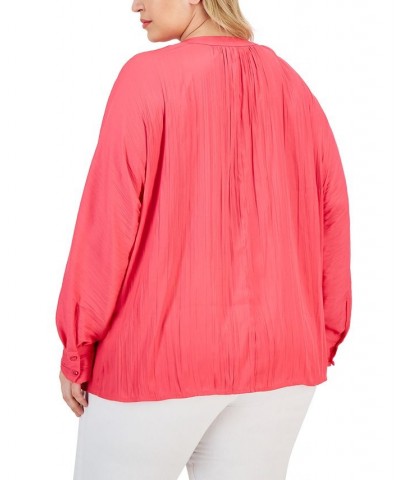 Plus Size Shirred Round-Neck Button-Front Top Pink $40.52 Tops