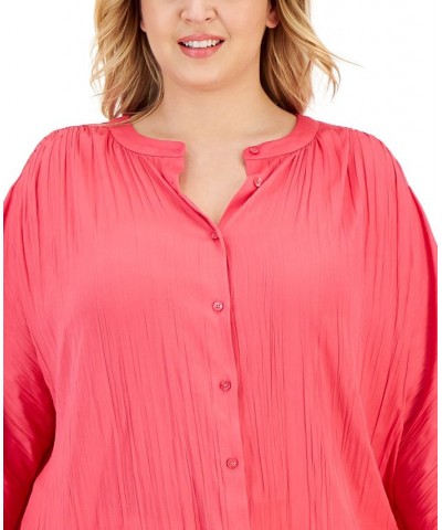 Plus Size Shirred Round-Neck Button-Front Top Pink $40.52 Tops