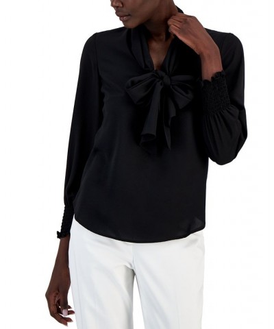 Women's Smocked-Cuff Tie-Neck Blouse Black $31.92 Tops