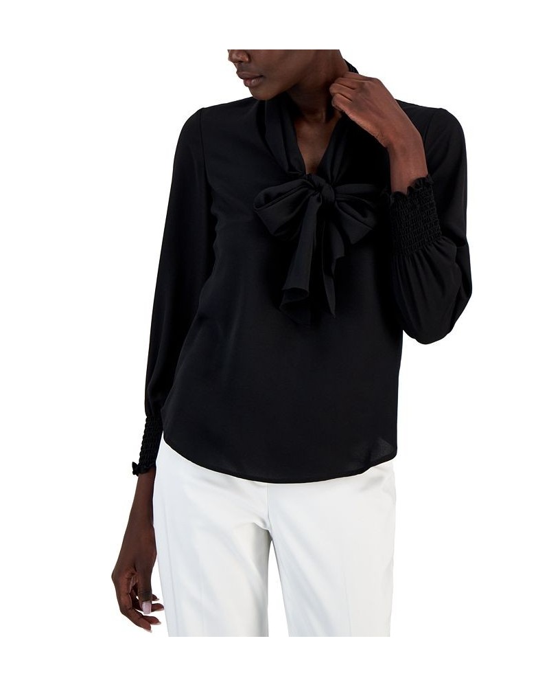 Women's Smocked-Cuff Tie-Neck Blouse Black $31.92 Tops