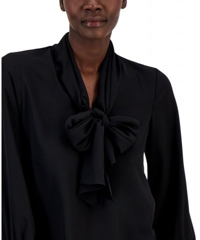 Women's Smocked-Cuff Tie-Neck Blouse Black $31.92 Tops