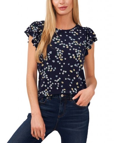 Women's Double-Ruffled Flutter-Sleeve Knit Top Blue $31.05 Tops