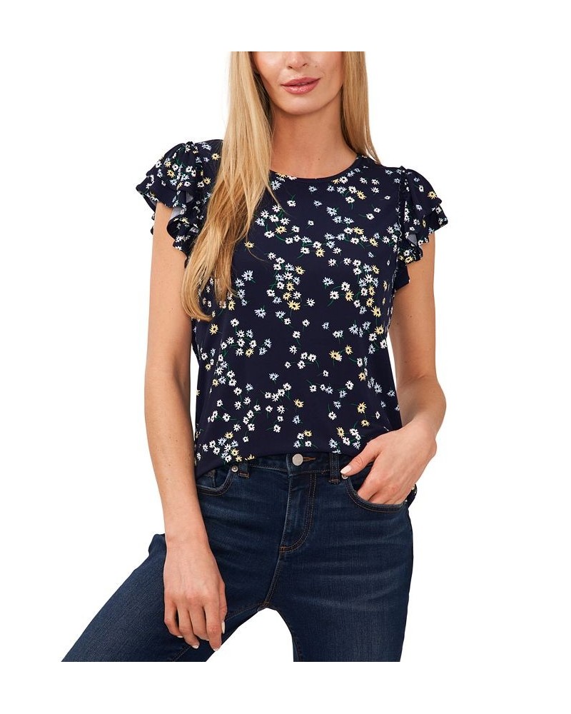 Women's Double-Ruffled Flutter-Sleeve Knit Top Blue $31.05 Tops